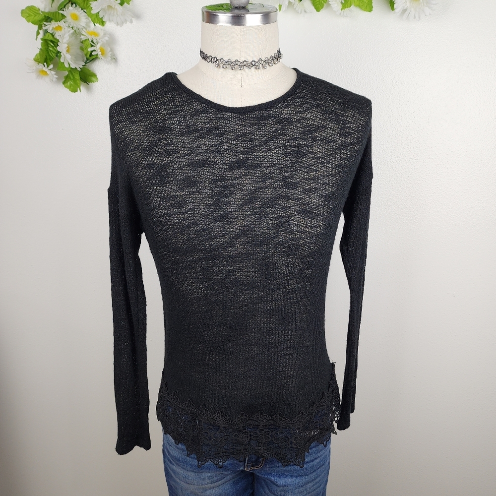 Papaya Black Sweater - Sheer Long Sleeve Knit Top Sz Medium